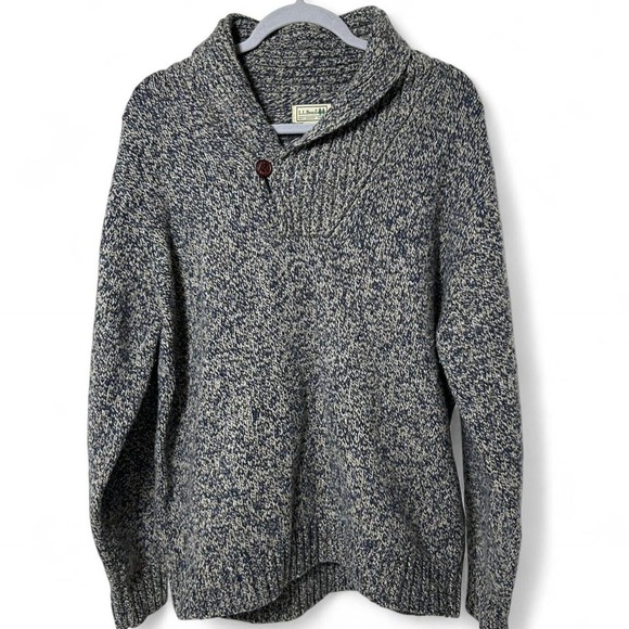 LL Bean Wool Sweater Mens Large Shawl Collar Marled Blue Knit Lambswool - Picture 2 of 4